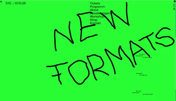 Webseite des Weltformat Graphic Design Festivals mit handgezeichneten schwarzen Linien auf grünem Hintergrund
